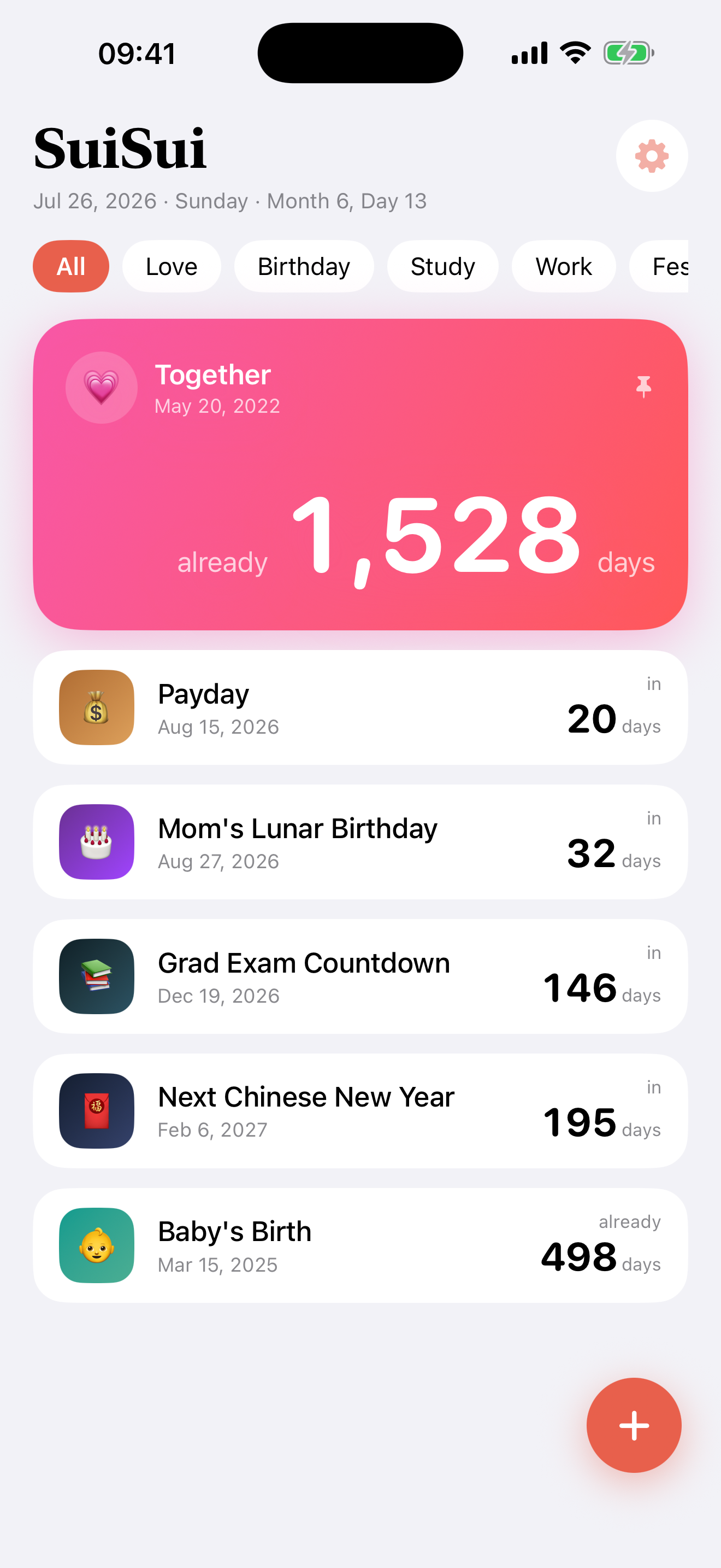 SuiSui home screen showing all your countdowns