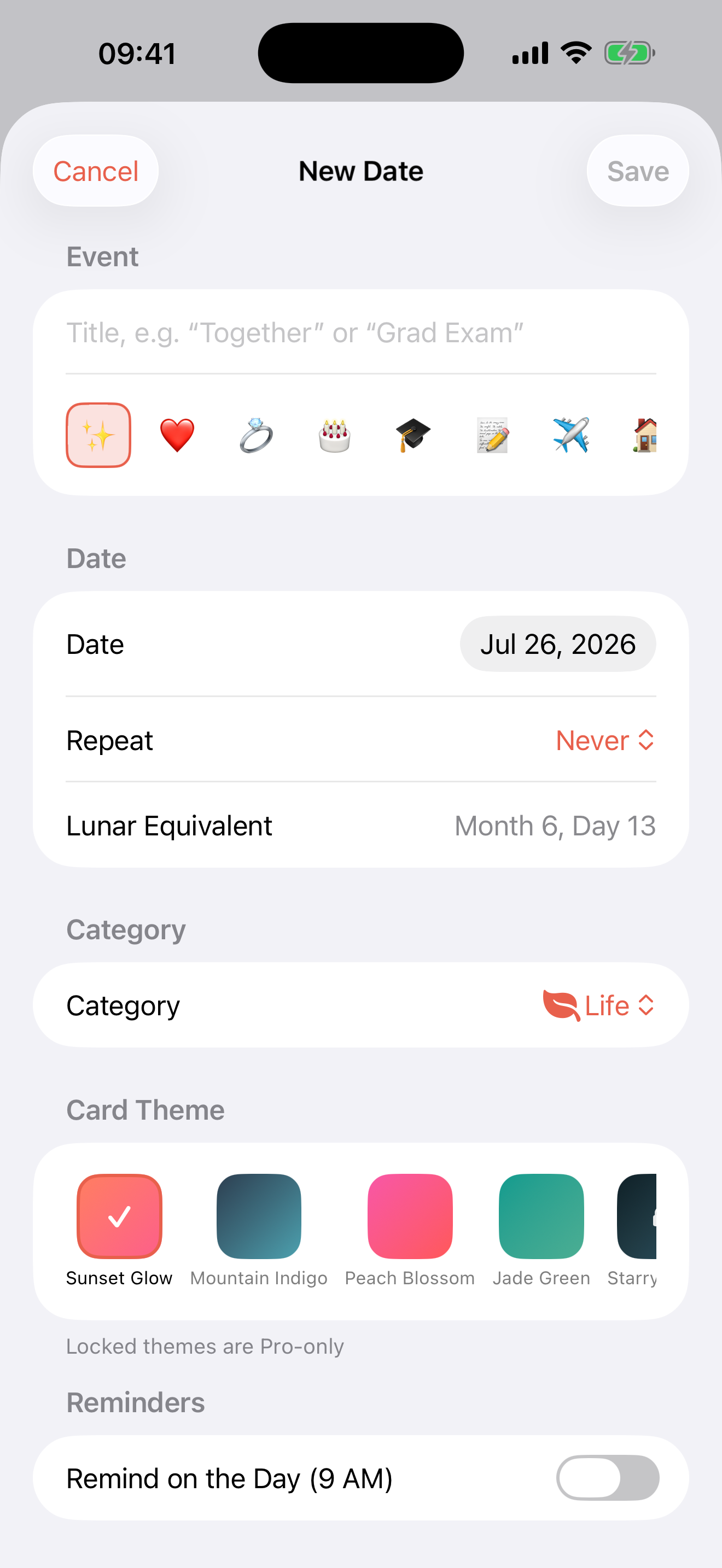 SuiSui event editor with themes and lunar calendar